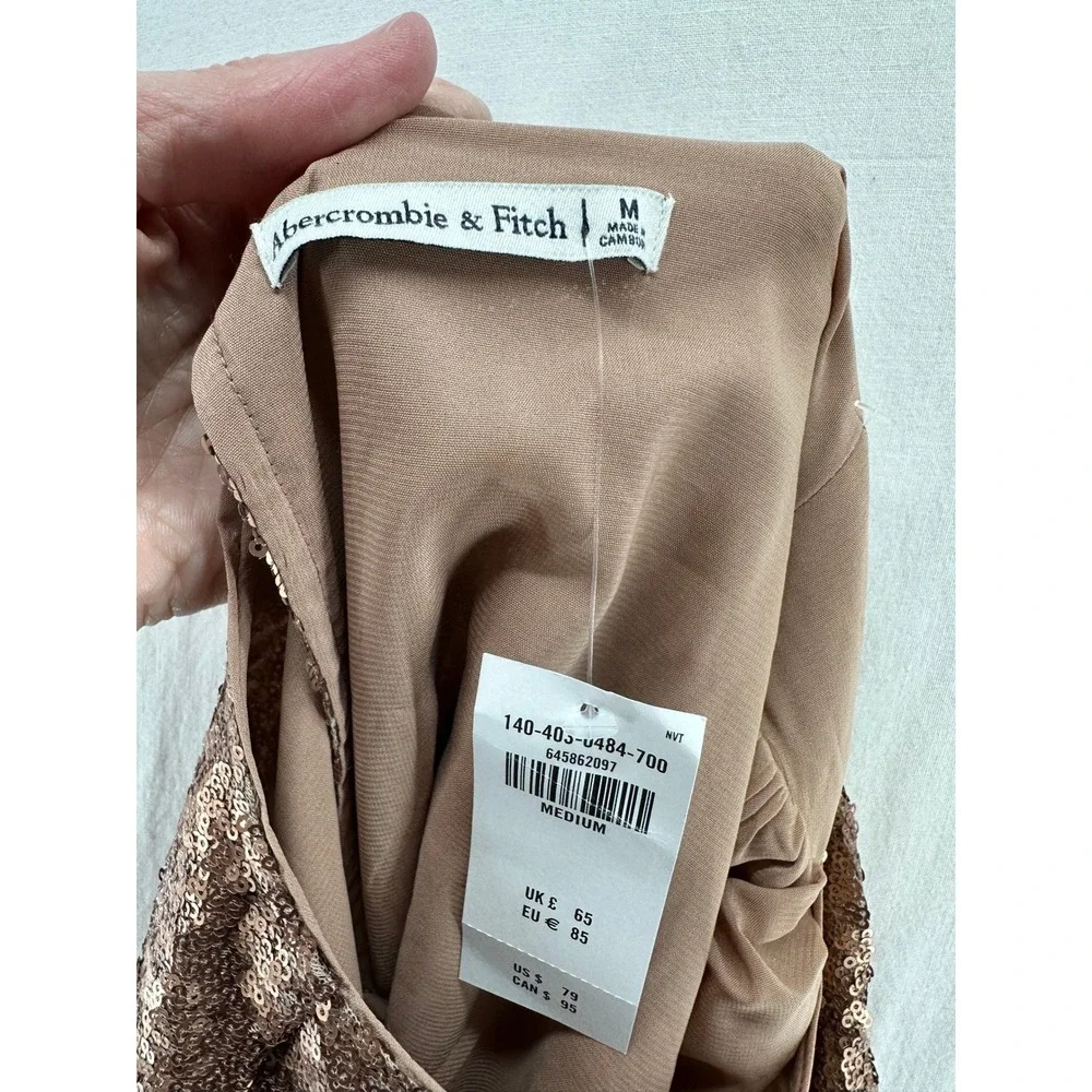 Abercrombie & Fitch Sequin Puff Sleeve Top Rose Gold Bronze Metallic Medium NEW